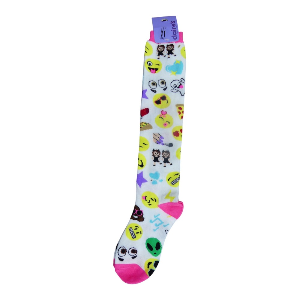 Claire's Knee High Socks Womens One Size White New Emoji Print Novelty 96057-5